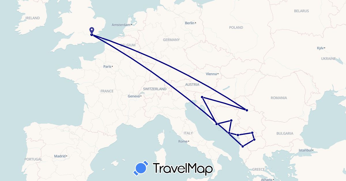 TravelMap itinerary: driving in Albania, Bosnia and Herzegovina, United Kingdom, Croatia, Montenegro, Macedonia, Serbia, Slovenia, Kosovo (Europe)